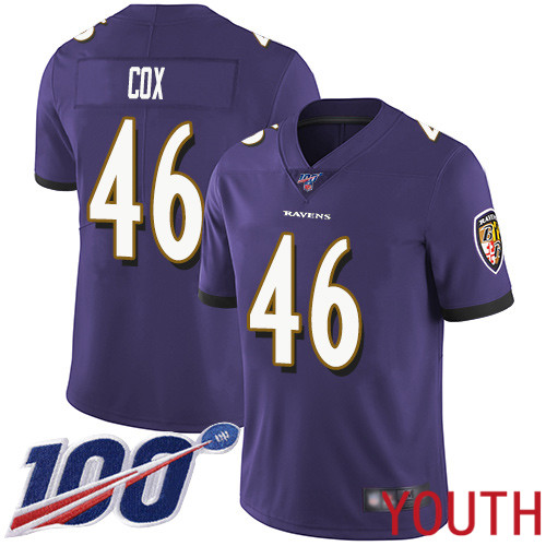 Baltimore Ravens Limited Purple Youth Morgan Cox Home Jersey NFL Football #46 100th Season Vapor Untouchable